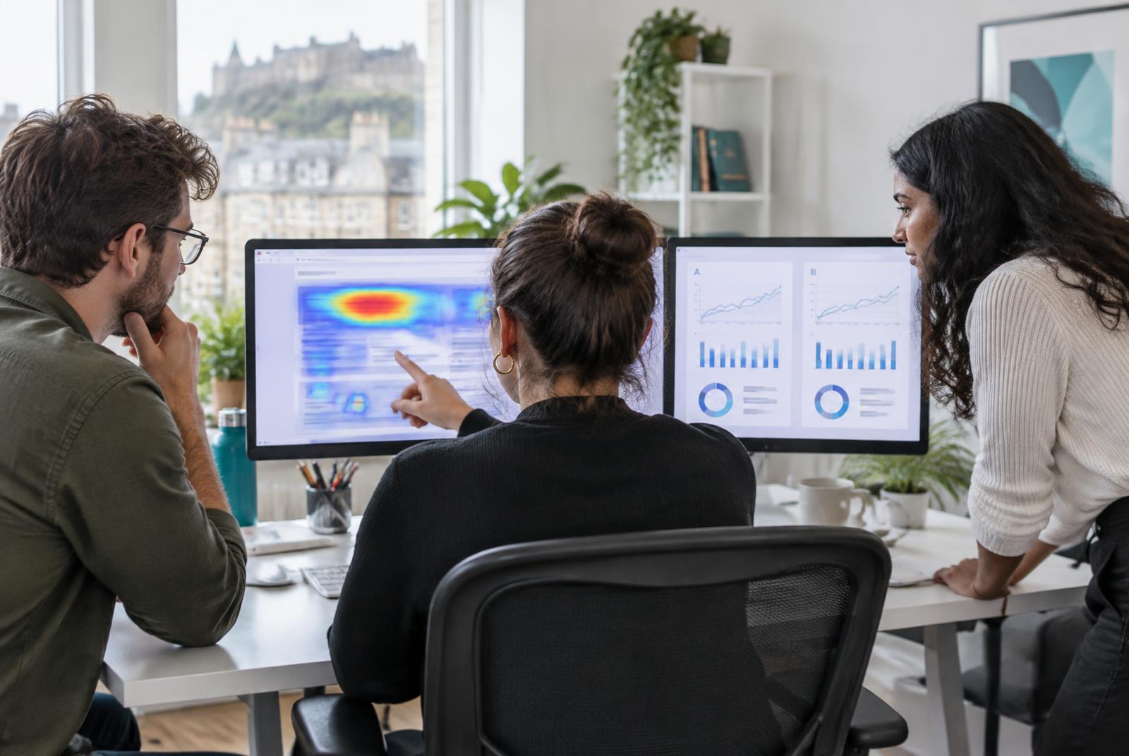 Digital consultants reviewing a website heatmap and A/B test results in an Edinburgh studio